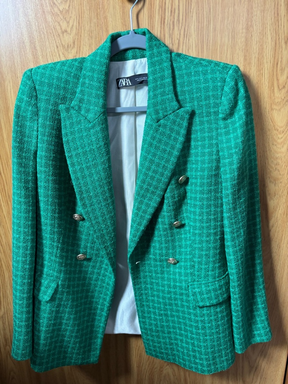 Zara Green Double-Breasted Tweed Blazer